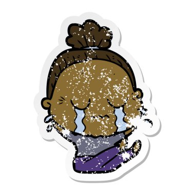 bir çizgi film ağlayan yaşlı kadının sıkıntılı etiket