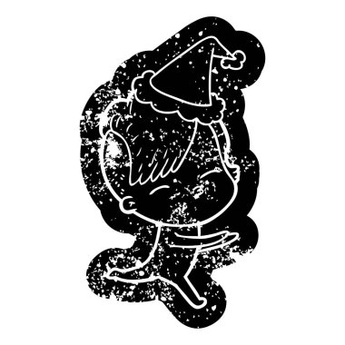 Noel Baba şapkası giyen onesie bir kızın sıkıntılı simgesi çizgi film