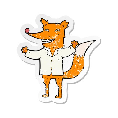 Retro sıkıntılı etiket gömlek giymiş bir karikatür mutlu Fox