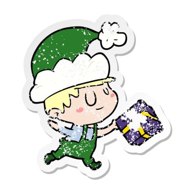 bir karikatür mutlu Noel Elf sıkıntılı etiket