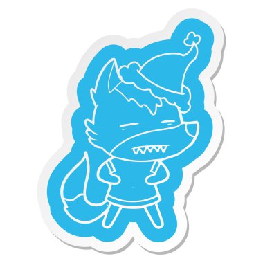 Noel Baba şapkası giyen diş gösterilen kurt çizgi film etiketi