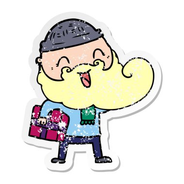 mutlu bir sakallı adamın Noel pres tutan sıkıntılı etiket