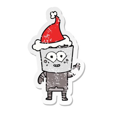 Noel Baba şapkası giyen bir robot sallayarak Merhaba sıkıntılı etiket karikatür mutlu el çekilmiş