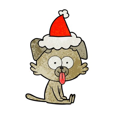 Noel Baba şapkası giyen yapışmasını dil ile bir oturma köpek dokulu çizgi film el çekilmiş