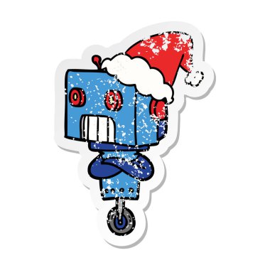 sıkıntılı etiket karikatür Noel Baba şapkası giyen bir robot el çekilmiş