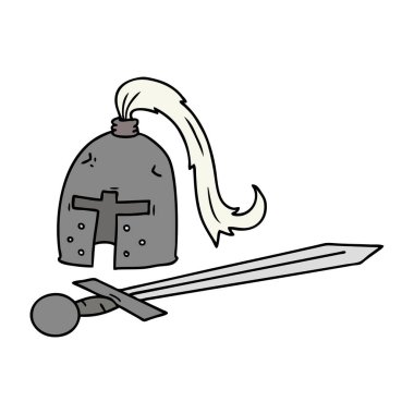 çizgi film doodle bir ortaçağ kask ve kılıç