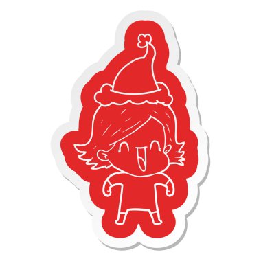 Noel Baba şapkası giyen bir mutlu kadın çizgi film etiketi