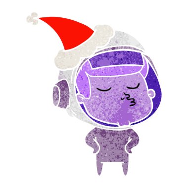 el santa şapka takıyor kendine güvenen bir astronotun retro çizgi film çekilmiş
