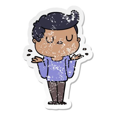 bir çizgi film uzak adamın omuzlarında shrugging sıkıntılı etiket