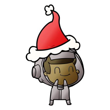 mutlu el Noel Baba şapkası giyen bir astronotun degrade çizgi film çekilmiş