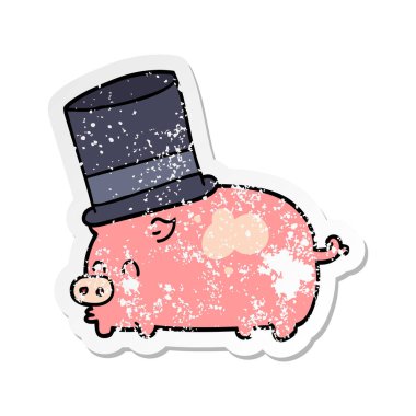 çizgi film domuz bir silindir şapka giyen sıkıntılı etiket