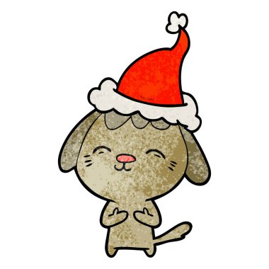 Noel Baba şapkası giyen bir köpek dokulu karikatür mutlu el çekilmiş