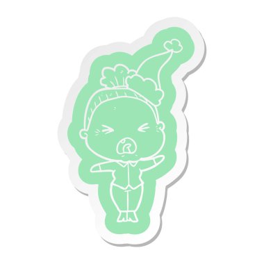 Noel Baba şapkası giyen kızgın bir yaşlı kadının ilginç çizgi film etiketi