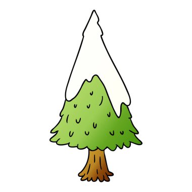 çizilmiş degrade çizgi film doodle tek karla kaplı ağaç el