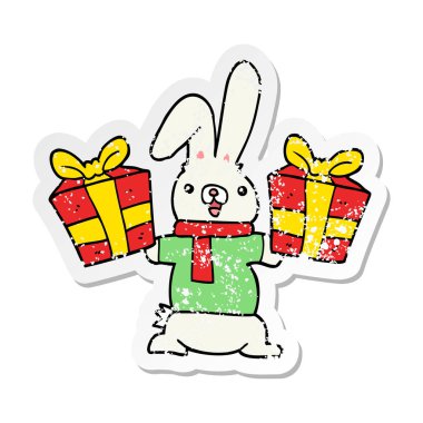 bir karikatür tavşan Noel ile sıkıntılı etiket sunar