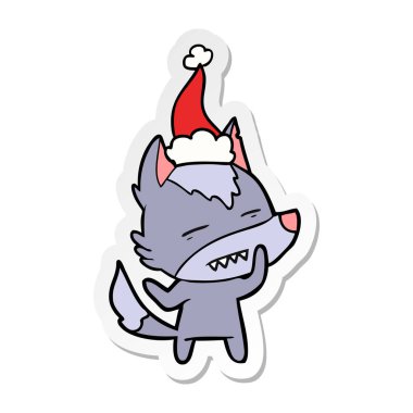 etiket karikatür Noel Baba şapkası giyen diş gösterilen kurt el çekilmiş
