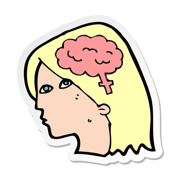 Autocollant d'une tête féminine dessin animé avec symbole du cerveau — Image vectorielle