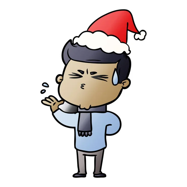 땀이 입고 산타 모자 남자의 그라데이션 만화 — 스톡 벡터