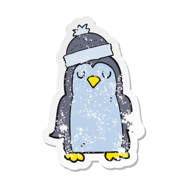 Retro adesivo angosciato di un pinguino cartone animato — Vettoriale Stock