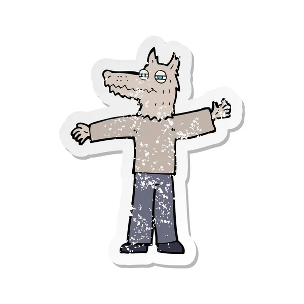Retro-Aufkleber von einem Cartoon glücklichen Wolf Mann — Stockvektor