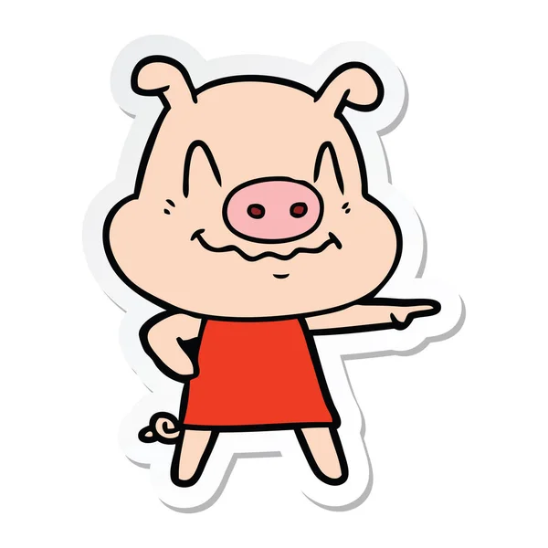 Sticker Nervous Cartoon Pig Wearing Dress — Stock Vector