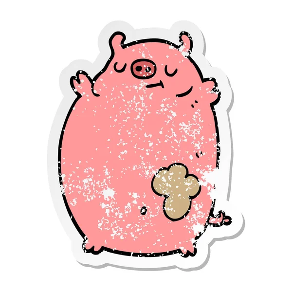 Adesivo angosciato di un maiale grasso cartone animato — Vettoriale Stock