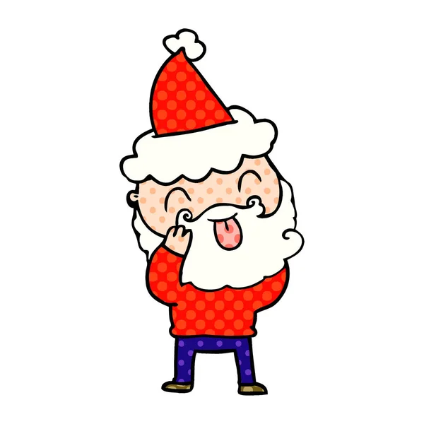 Man with beard sticking out tongue wearing santa hat — Stock Vector