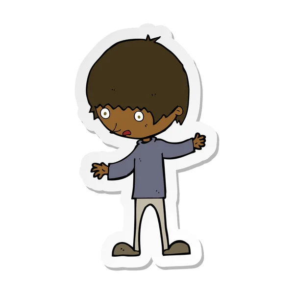 Sticker of a cartoon boy with outstretched arms — Stock Vector