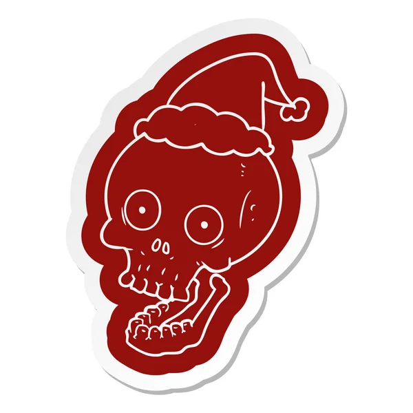 Autocollant dessin animé d'un crâne portant un chapeau de Père Noël — Image vectorielle