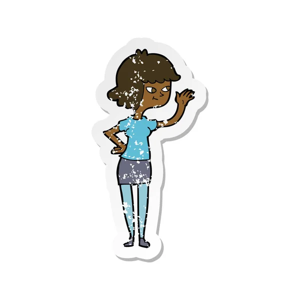 Retro distressed sticker of a cartoon friendly girl waving — Stock Vector