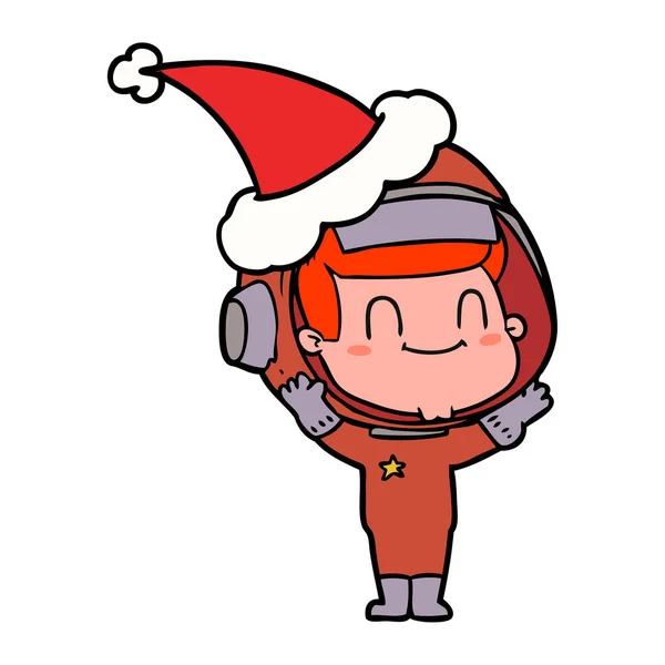 Disegno felice linea di un astronauta che indossa cappello di Babbo Natale — Vettoriale Stock