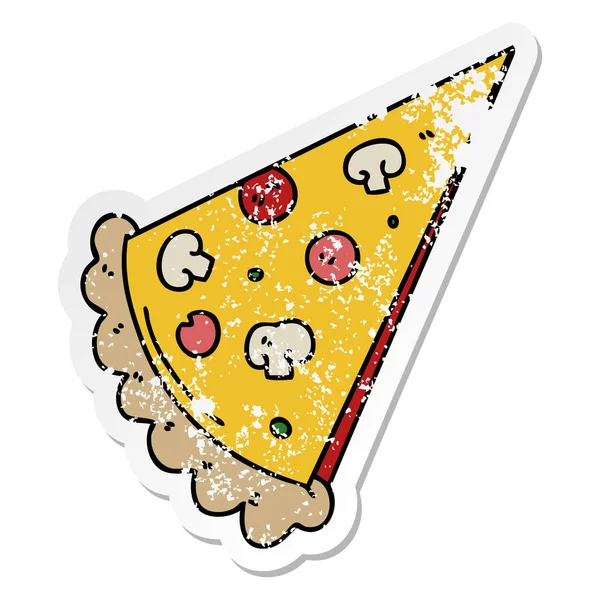 Nödställda klistermärke på en udda hand dras tecknad bit pizza — Stock vektor