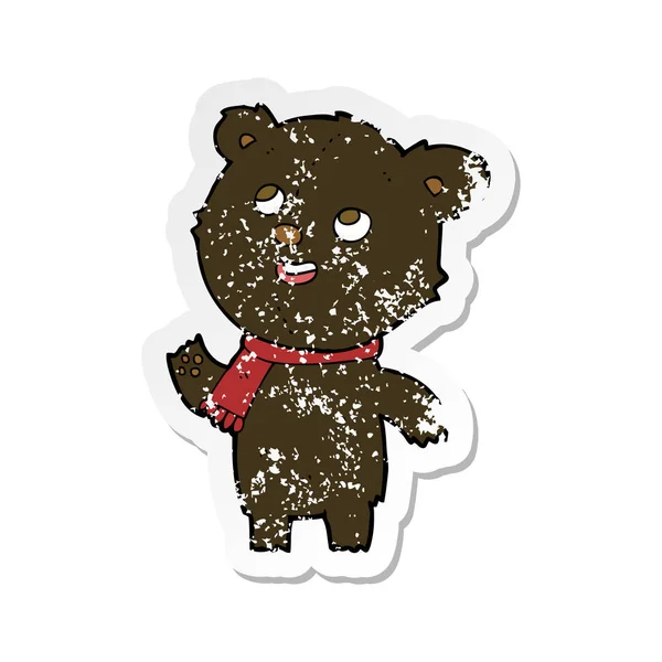Retro distressed nálepka kreslený černý medvěd nosit šátek — Stockový vektor