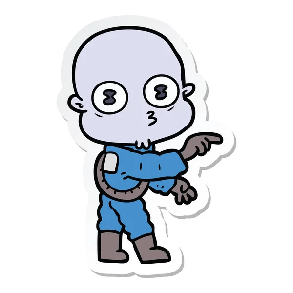 Sticker of a cartoon weird bald spaceman pointing — Stock Vector