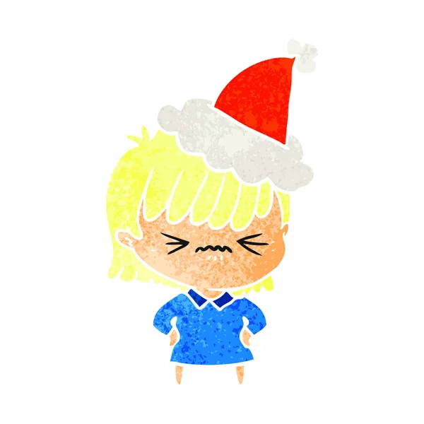 Genervte Retro-Karikatur eines Mädchens mit Weihnachtsmütze — Stockvektor