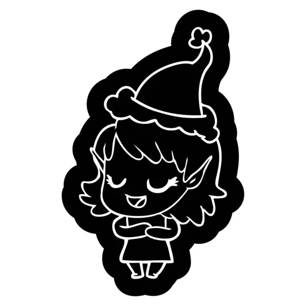 サンタの帽子を身に着けているエルフの女の子の幸せ漫画アイコン — ストックベクタ