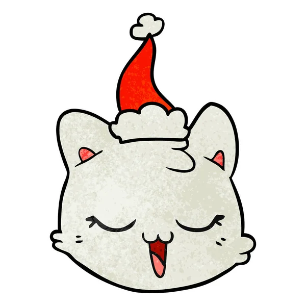 Dessin animé texturé d'un visage de chat portant un chapeau de Père Noël — Image vectorielle