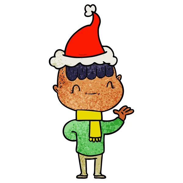 Handgezeichnete Texturierte Karikatur Eines Freundlichen Jungen Mit Weihnachtsmütze — Stockvektor