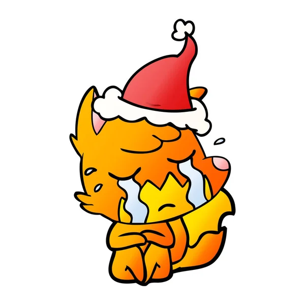 Crying fox gradient cartoon of a wearing santa hat — Stock Vector