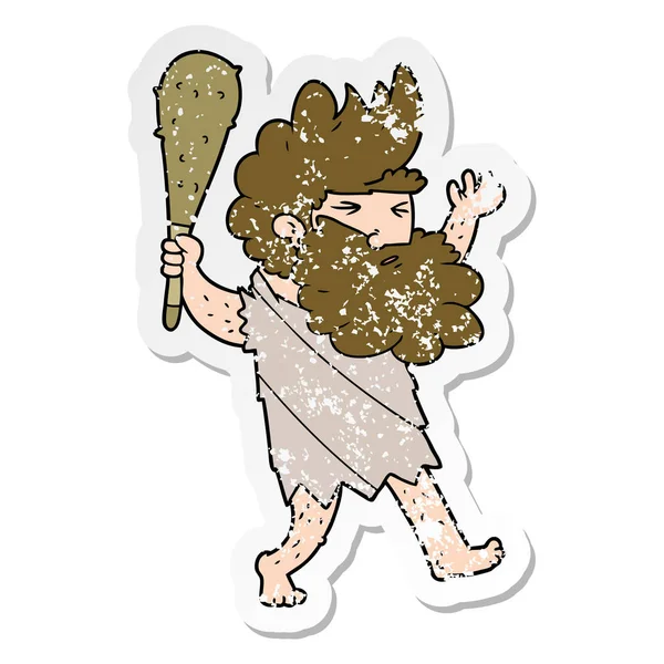 Distressed Sticker Cartoon Cave Man — Stock Vector