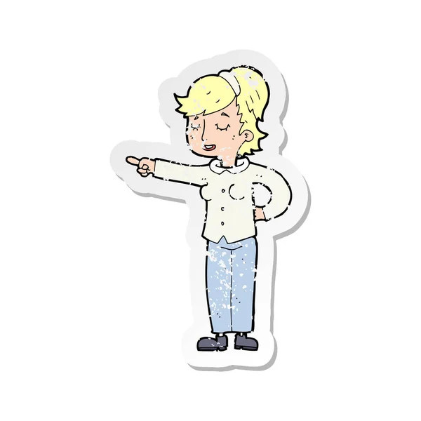 Retro nödställda klistermärke av en tecknad vänlig kvinna som pekar — Stock vektor