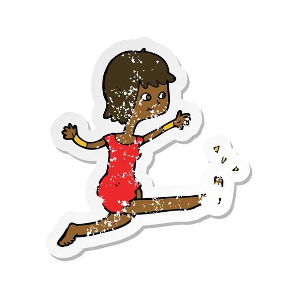 Retro distressed sticker of a cartoon happy woman kicking — Stock Vector