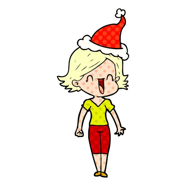 手绘漫画书风格的插图一个快乐的女人戴着圣诞老人的帽子 — 图库矢量图片