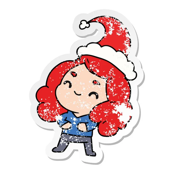 Dibujado Mano Navidad Angustiado Pegatina Dibujos Animados Chica Kawaii — Vector de stock