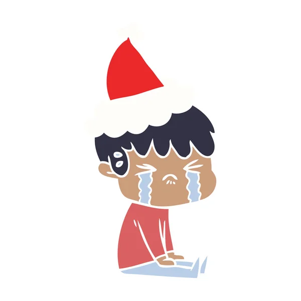 Plochý barevný obrázek chlapce pláč nosit klobouk santa — Stockový vektor