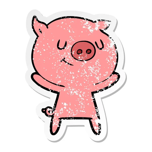 Stiker tertekan dari babi kartun bahagia - Stok Vektor