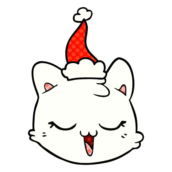 Ilustração estilo quadrinhos de um rosto de gato usando chapéu de santa — Vetor de Stock