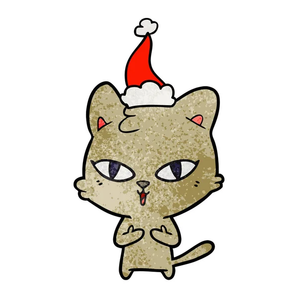 산타 모자를 쓰고 고양이의 질감된 만화 — 스톡 벡터