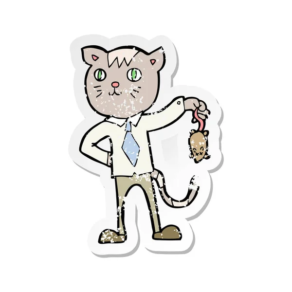 Retro distressed sticker of a cartoon business cat with dead mou — Stock Vector