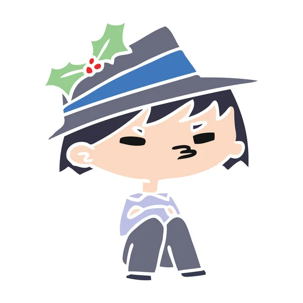 Mão Desenhada Desenhos Animados Natal Menino Kawaii — Vetor de Stock